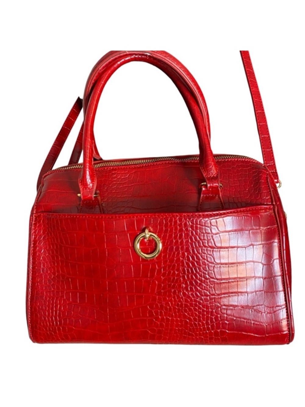 CLEO Red Croc Embossed Handbag Purse Convertible Crossbody Boston Bag